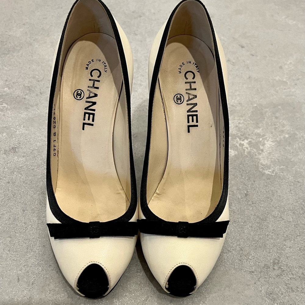 Chanel Ivory and Black Lambskin Peep Toe Pumps with Black Ribbon Trim
